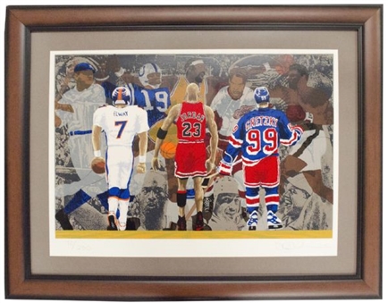 Sports Legends Rick Rush Large Framed Serigraph Featuring Elway, Jordan & Gretzky 70/230